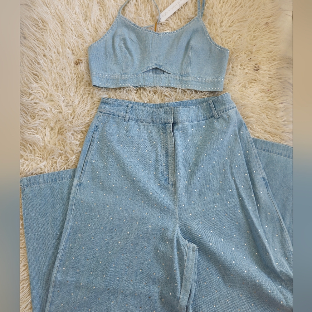 Light Blue Denim Two-Piece Set with Rhinestone Detail